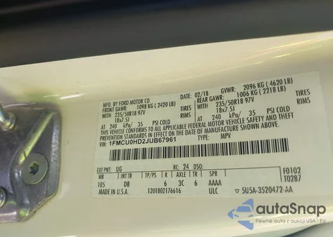 2018 Ford Escape Sel z USA, uszkodzony, nr VIN 1FMCU0HD2JUB67961